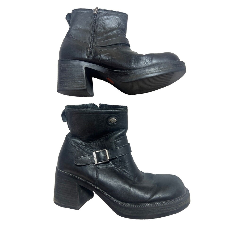 Harley-Davidson Leather Motorcycle Boots- Ladies Size 9, Logo Buckle & Side Zip